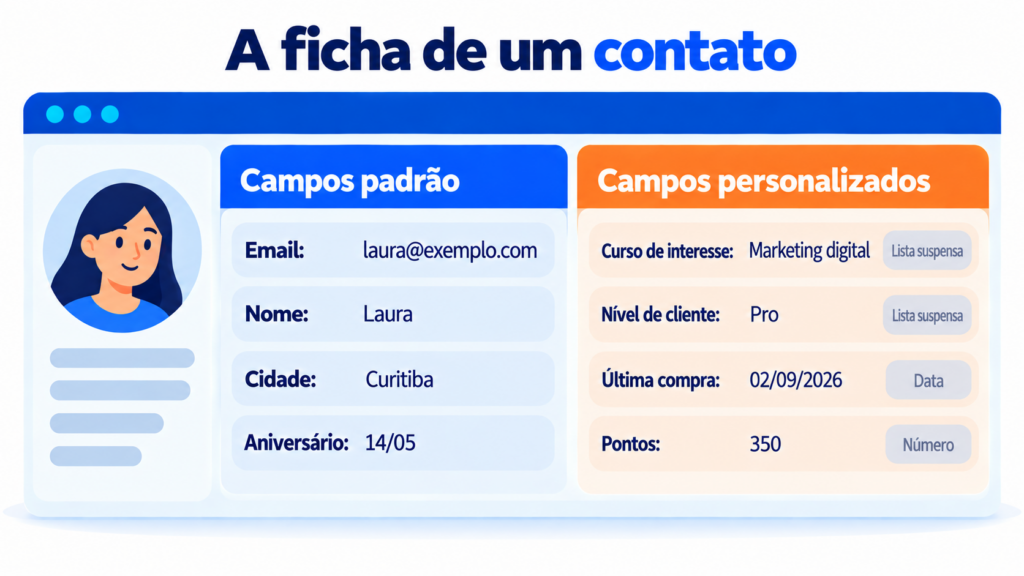 Ficha de um contato com campos padrão (email, nome, cidade e aniversário) e campos personalizados (curso de interesse, nível de cliente, última compra e pontos) com o tipo de campo