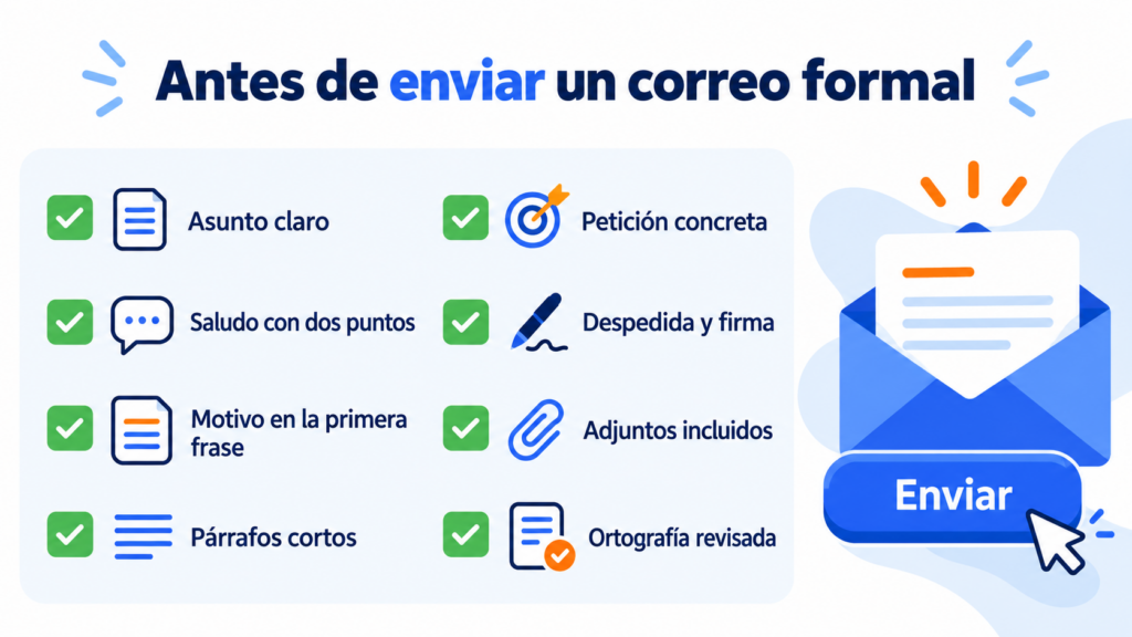 Lista de verificação antes de enviar um email formal: assunto claro, saudação com vírgula, motivo na primeira frase, parágrafos curtos, pedido concreto, despedida e assinatura, anexos e ortografia revisada