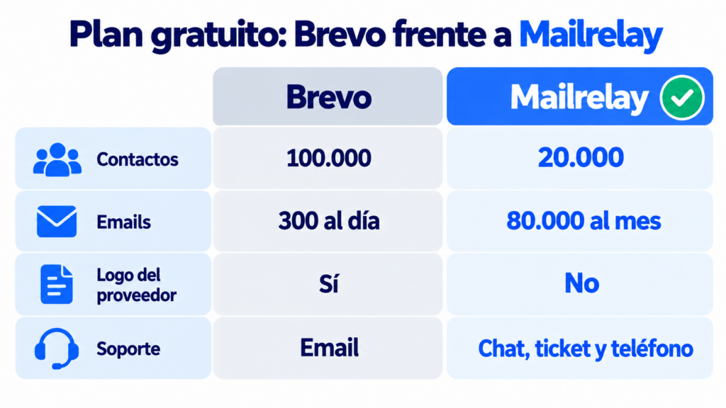 Comparison of the Brevo and Mailrelay free plans: 100,000 vs. 20,000 contacts, 300 emails a day vs. 80,000 a month, provider logo yes vs. no, and email support vs. chat, ticket and phone