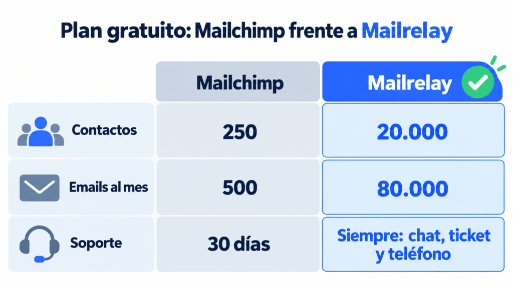 Comparativa del plan gratuito de Mailchimp y Mailrelay: 250 frente a 20.000 contactos, 500 frente a 80.000 emails al mes y soporte de 30 días frente a soporte siempre