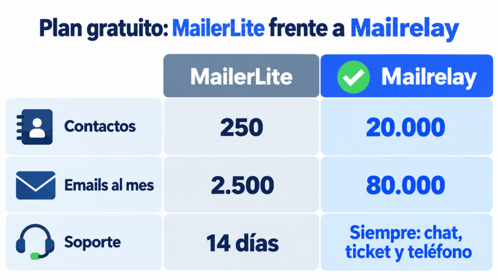 Comparação do plano gratuito da MailerLite e da Mailrelay: 250 contra 20.000 contatos, 2.500 contra 80.000 emails por mês e suporte de 14 dias contra suporte sempre disponível