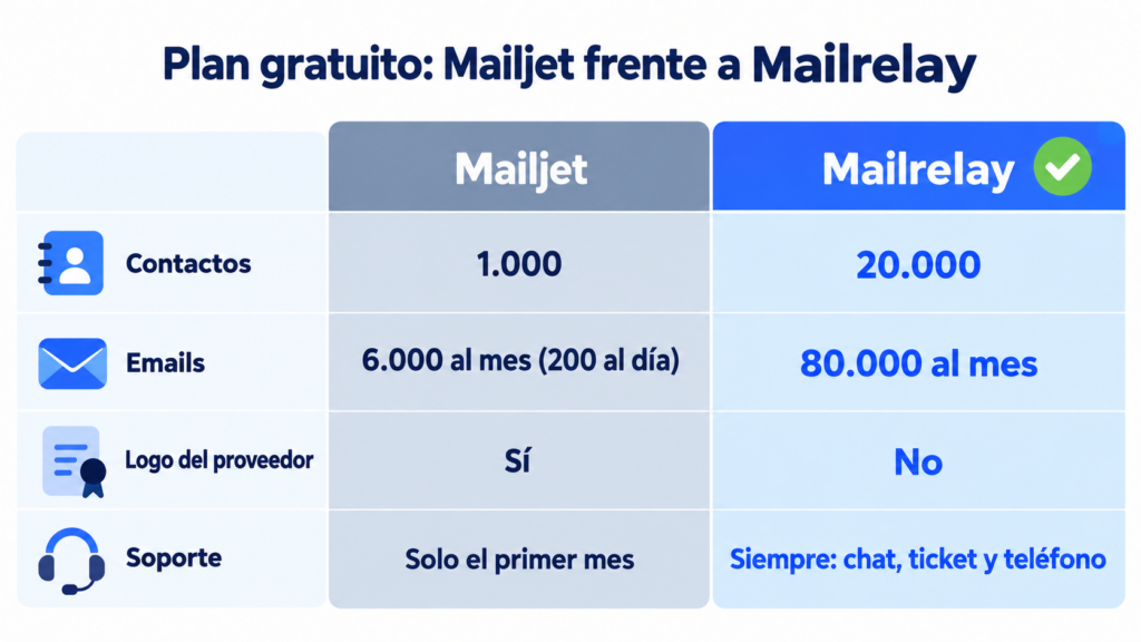 Comparação do plano gratuito do Mailjet e da Mailrelay: 1.000 contra 20.000 contatos, 6.000 emails por mês com 200 por dia contra 80.000 por mês, logo do provedor sim contra não e suporte só no primeiro mês contra sempre