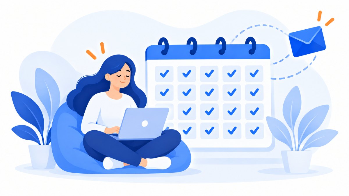 Persona trabajando tranquila con su portátil junto a un calendario con todas las casillas completadas