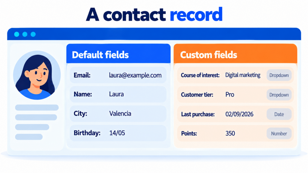 Contact record with default fields (email, name, city and birthday) and custom fields (course of interest, customer tier, last purchase and points) with their field type