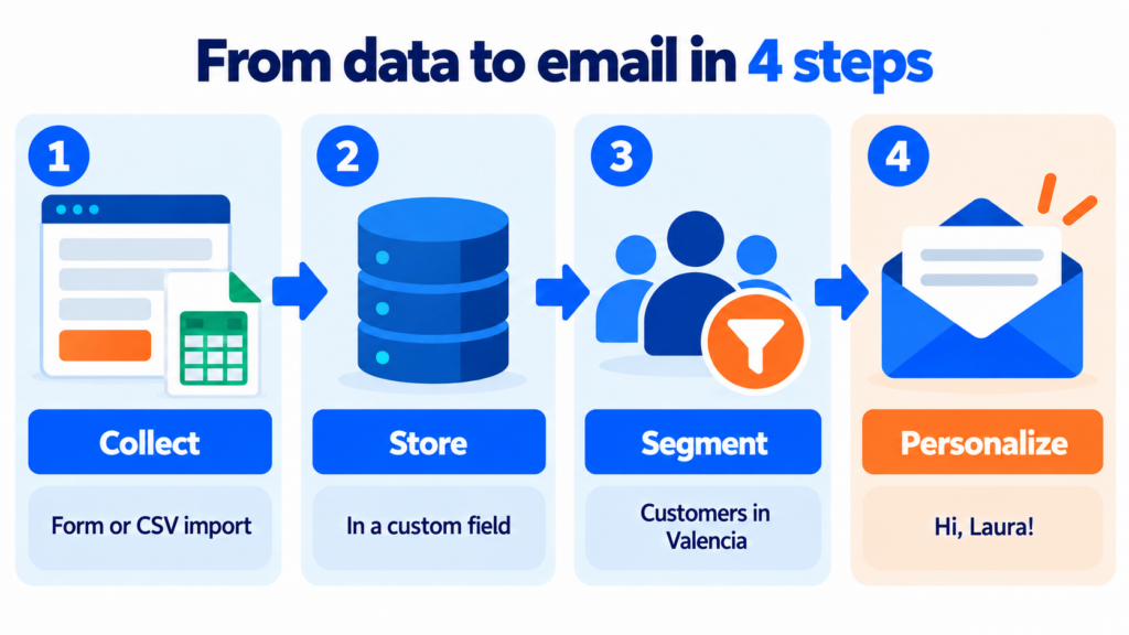 From data to email in 4 steps: collect with a form or CSV import, store in a custom field, segment and personalize the email