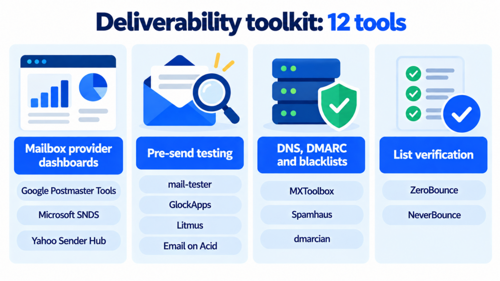 Deliverability toolkit: 12 tools grouped into mailbox provider dashboards, pre-send testing, DNS and blacklists, and list verification