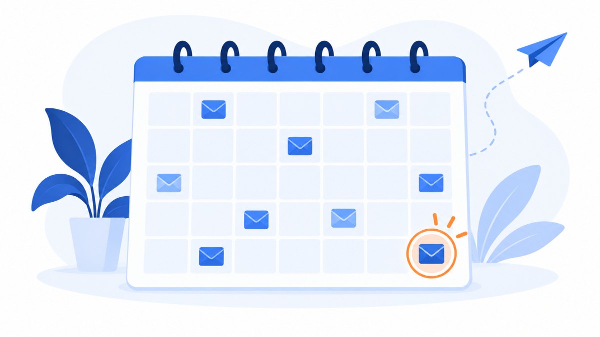 Calendario mensual con emails programados en varios días y el día de cierre resaltado
