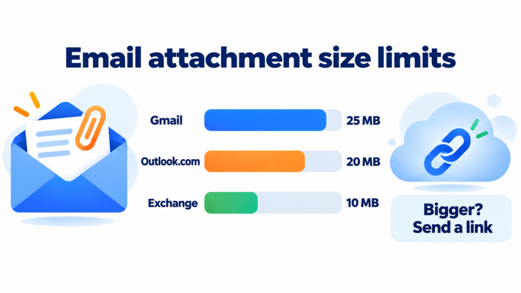 Email attachment size limits: 25 MB in Gmail, 20 MB in Outlook.com and 10 MB in Exchange, with a cloud link if you go over