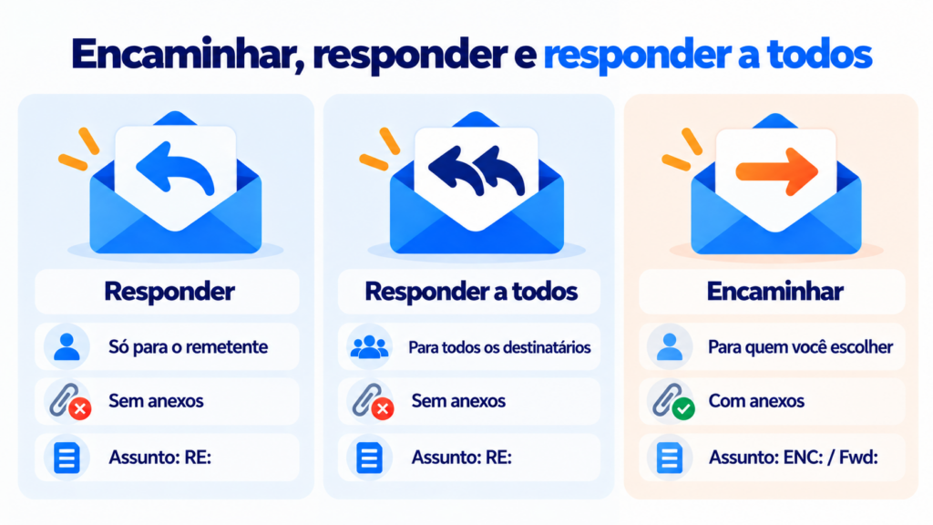 Reenviar, responder e responder a todos: para quem vai cada mensagem e o que inclui, com os prefixos RE: e ENC: