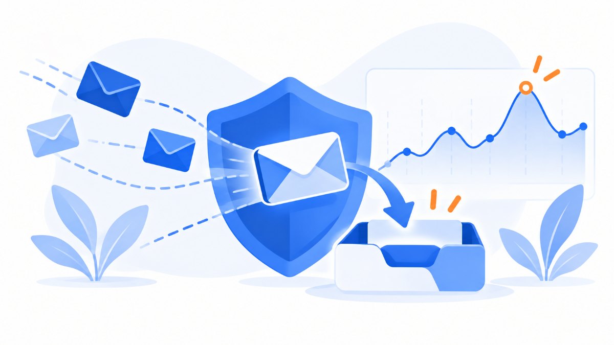 Escudo que protege un email en su camino a la bandeja de entrada, con un gráfico de volumen de envíos al fondo