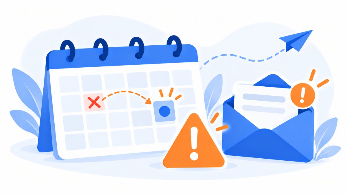Calendario con una fecha tachada y reprogramada junto a una señal de advertencia y un email con alerta