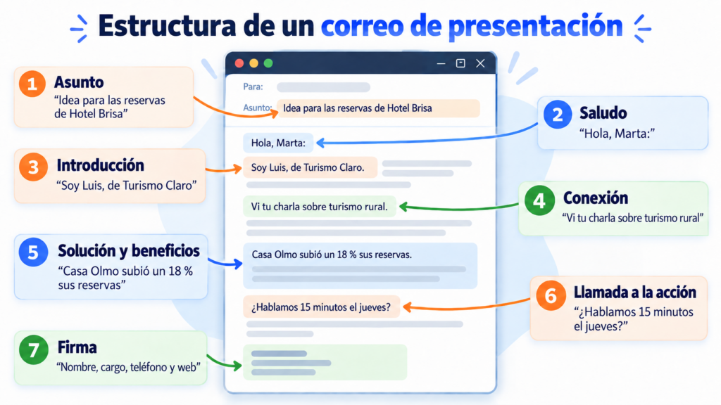 Estructura de un correo de presentación a un cliente: asunto, saludo, introducción, conexión, solución y beneficios, llamada a la acción y firma, con un ejemplo de cada parte