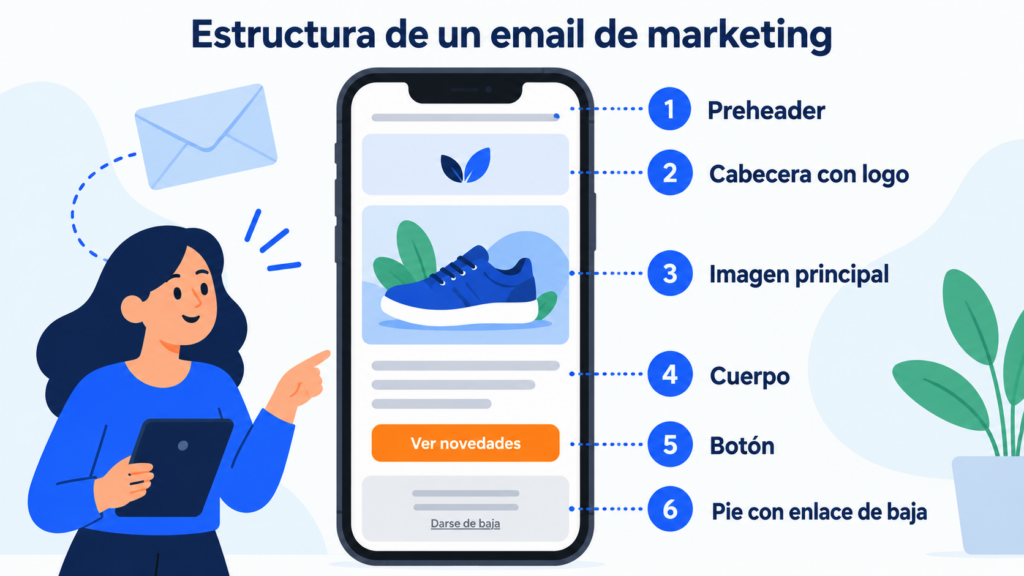 Structure of a marketing email from top to bottom: preheader, header, main image, body, button and footer with unsubscribe link