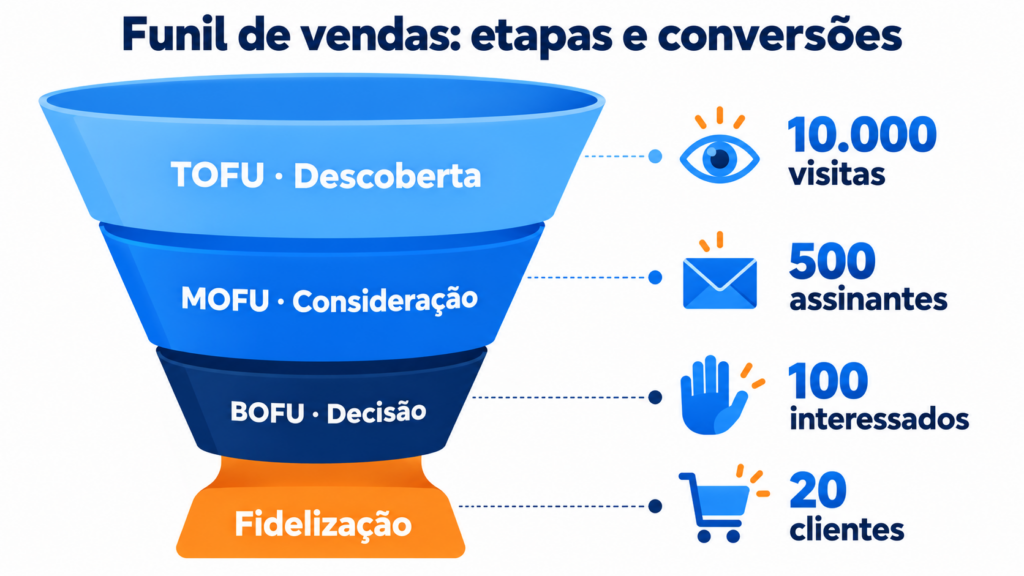 Infográfico do funil de vendas com as etapas TOFU, MOFU, BOFU e fidelização e um exemplo de conversões de 10.000 visitas a 20 clientes