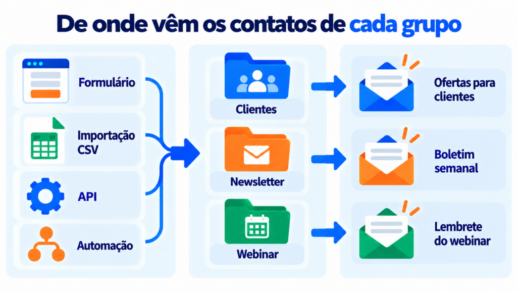 De onde vêm os contatos de cada grupo de assinantes: formulário, importação CSV, API e automação para os grupos Clientes, Newsletter e Webinar