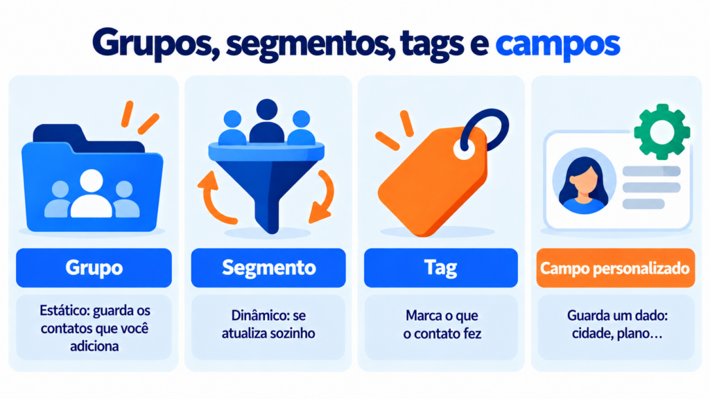 Diferenças entre grupo (estático), segmento (dinâmico), tag e campo personalizado no email marketing