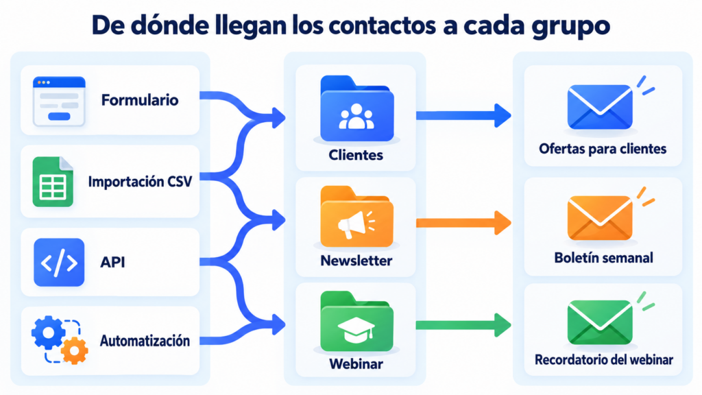De dónde llegan los contactos a cada grupo de suscriptores: formulario, importación CSV, API y automatización hacia los grupos Clientes, Newsletter y Webinar