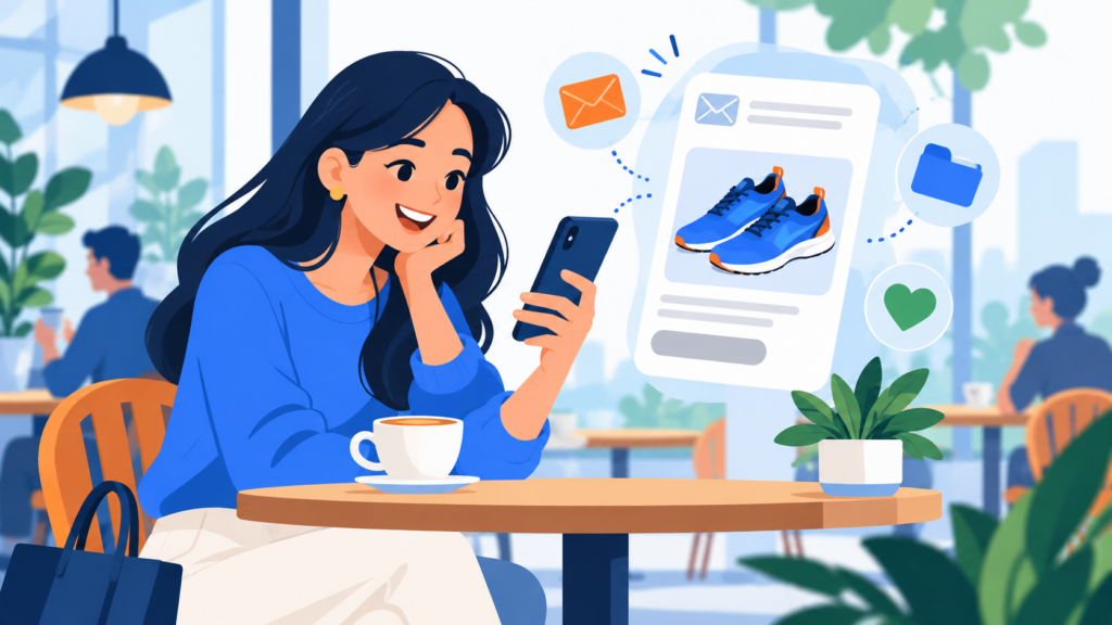 Mujer en una cafetería que recibe en el móvil un email adaptado a sus intereses