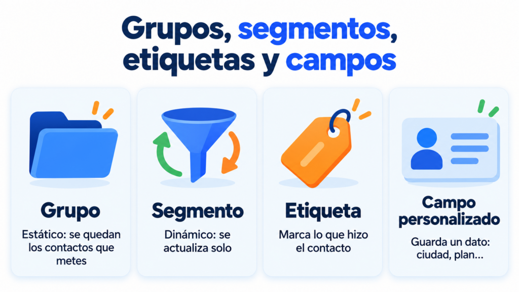 Diferencias entre grupo (estático), segmento (dinámico), etiqueta y campo personalizado en email marketing