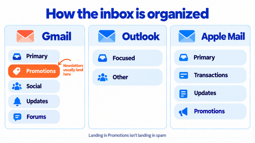 How Gmail, Outlook and Apple Mail organize the inbox: tabs and categories