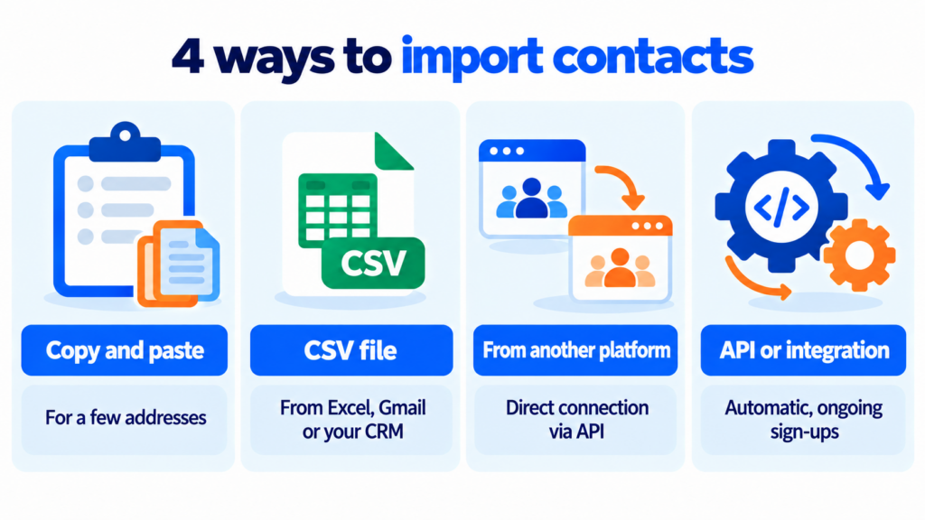 The 4 ways to import contacts: copy and paste, CSV file, from another platform via API, and API or integration