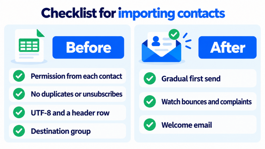 Checklist for importing contacts: before (permission, no duplicates or unsubscribes, UTF-8 and header row, destination group) and after (gradual first send, watch bounces and complaints, welcome email)