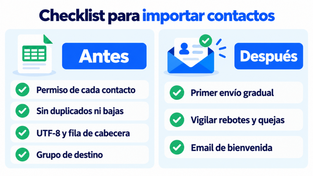 Checklist para importar contactos: antes (permiso, sin duplicados ni bajas, UTF-8 y cabecera, grupo de destino) y después (envío gradual, vigilar rebotes y quejas, email de bienvenida)