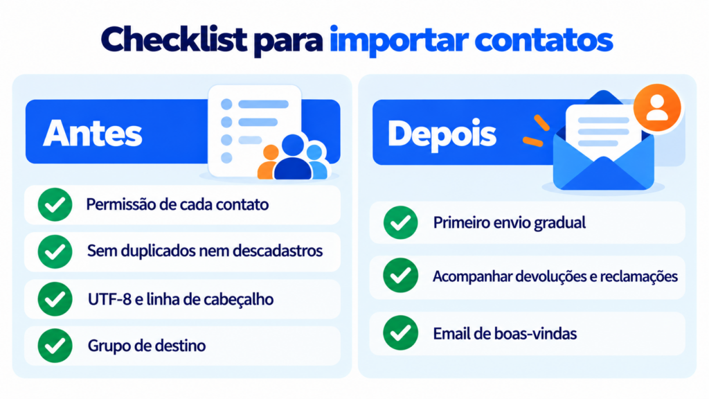 Checklist para importar contatos: antes (permissão, sem duplicados nem descadastros, UTF-8 e cabeçalho, grupo de destino) e depois (envio gradual, acompanhar devoluções e reclamações, email de boas-vindas)