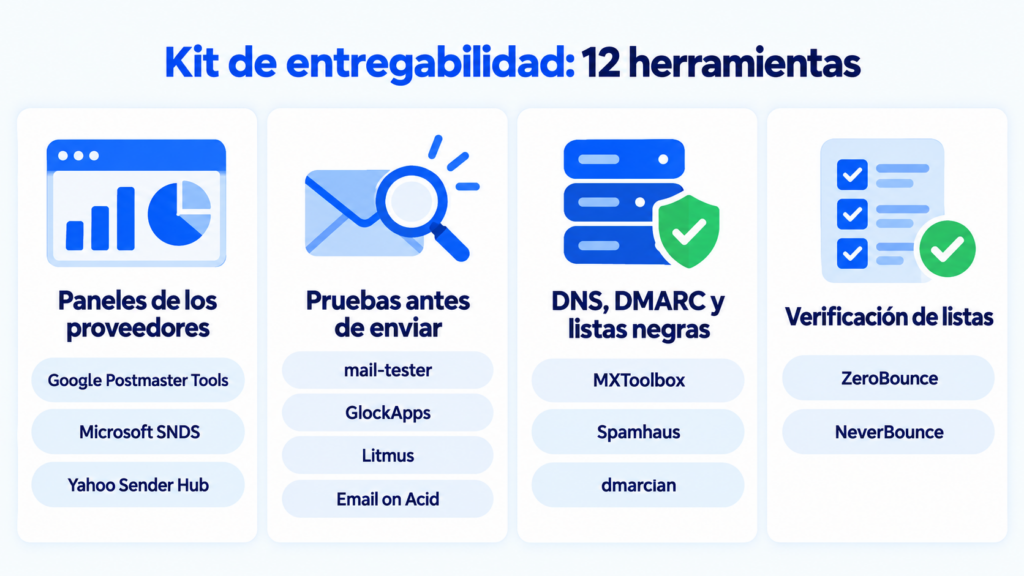 Kit de entregabilidad: 12 herramientas agrupadas en paneles de proveedores, pruebas antes de enviar, DNS y listas negras, y verificación de listas