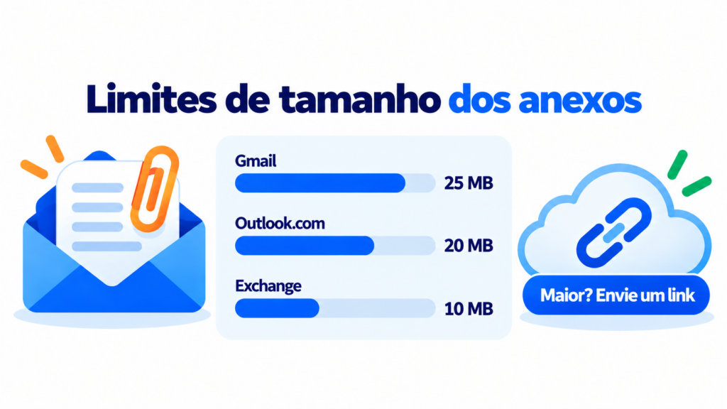 Limites de tamanho dos anexos de email: 25 MB no Gmail, 20 MB no Outlook.com e 10 MB no Exchange, com link na nuvem se passar do limite