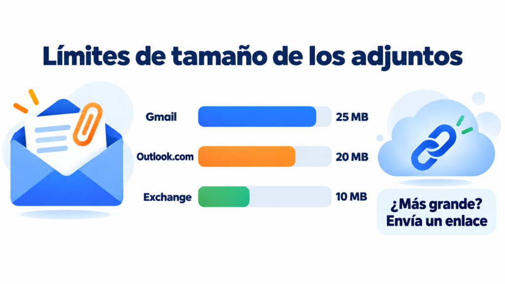 Límites de tamaño de los archivos adjuntos: 25 MB en Gmail, 20 MB en Outlook.com y 10 MB en Exchange, con enlace a la nube si te pasas
