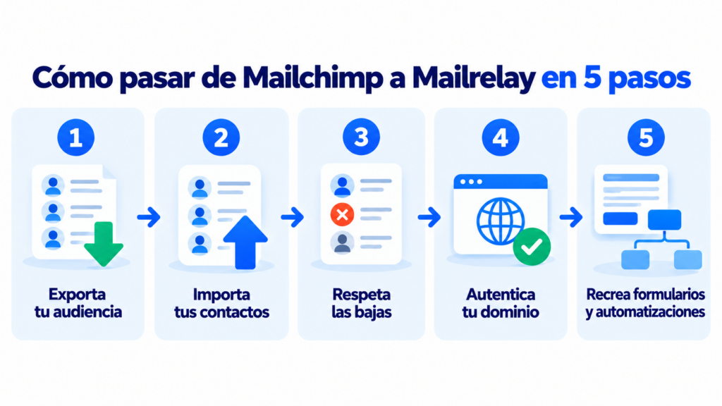 How to move from Mailchimp to Mailrelay in 5 steps: export your audience, import your contacts, respect unsubscribes, authenticate your domain and recreate forms and automations