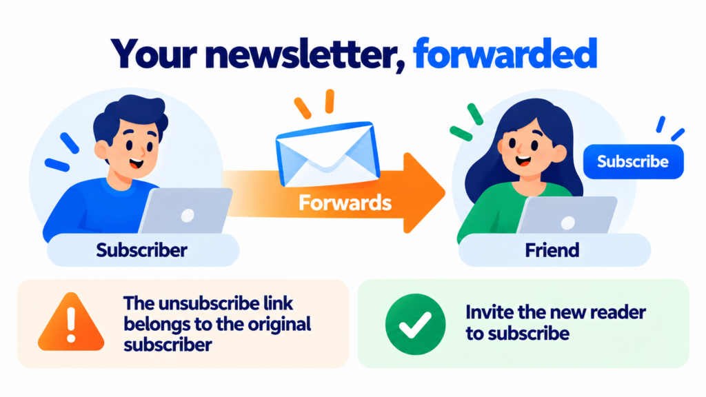 Forwarded newsletter: the unsubscribe link belongs to the original subscriber; better to invite the new reader to subscribe