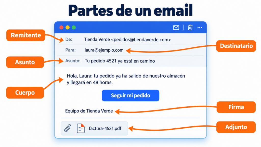 Partes de un email con un ejemplo: remitente, destinatario, asunto, cuerpo, firma y adjunto