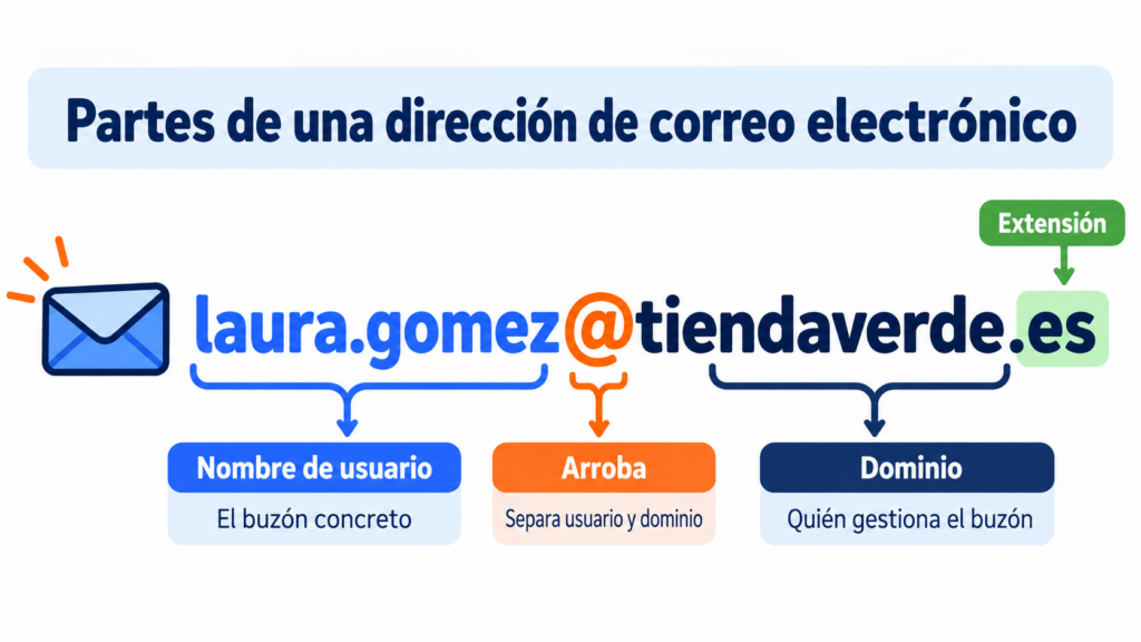 Parts of an email address: username, at sign and domain with its extension