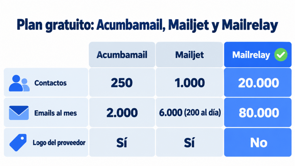 Comparison of the Acumbamail, Mailjet and Mailrelay free plans: 250, 1,000 and 20,000 contacts; 2,000, 6,000 (200 per day) and 80,000 emails per month; provider's logo yes, yes and no