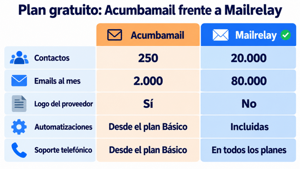 Comparison of the Acumbamail and Mailrelay free plans: 250 vs 20,000 contacts, 2,000 vs 80,000 emails a month, provider's logo yes vs no, automations from the Basic plan vs included, and phone support from the Basic plan vs on all plans