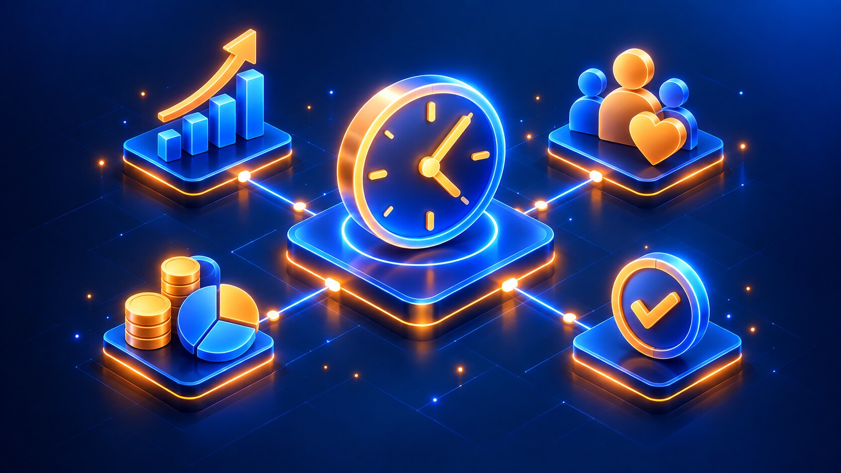 Relógio central rodeado de ícones de crescimento, fidelização, retorno sobre investimento e eficiência, representando os benefícios de usar uma plataforma de email marketing