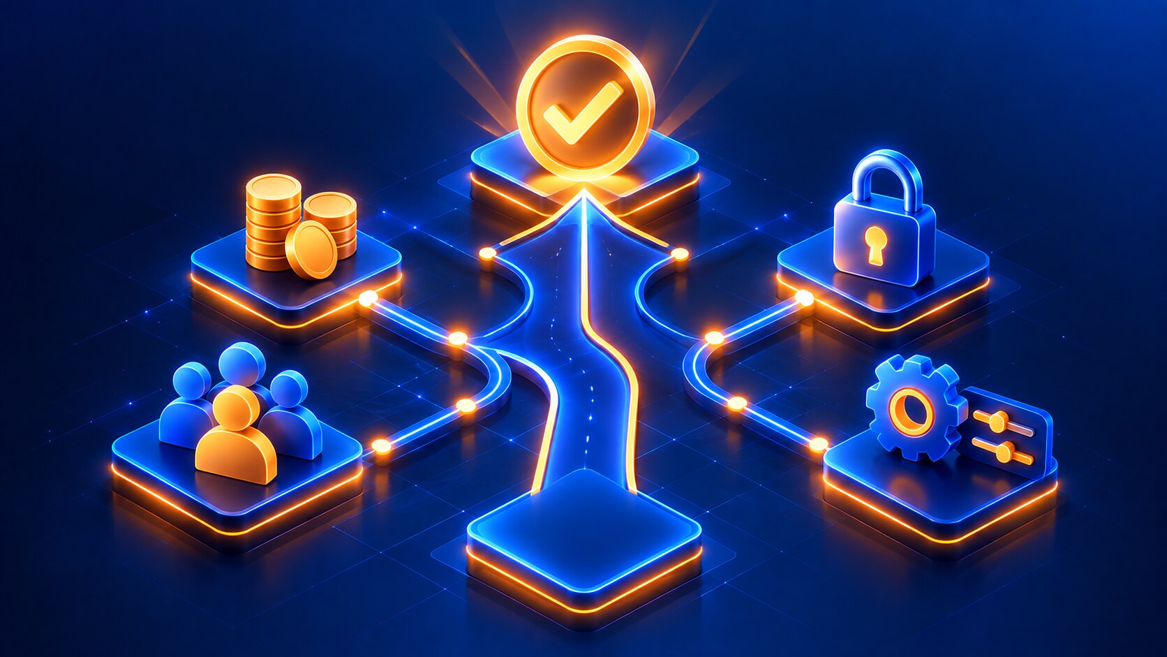 Caminho até uma plataforma marcada com um check dourado, com ícones de orçamento, contatos, segurança e personalização, representando como escolher a plataforma de email marketing certa