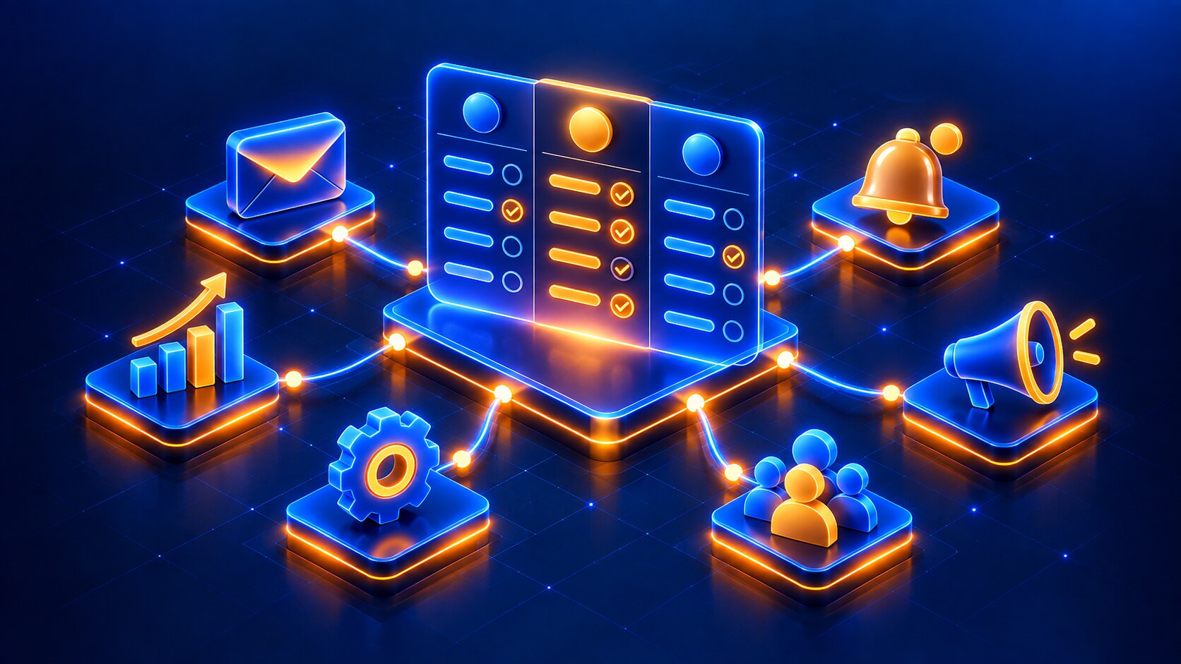 Painel central de comparação conectado a ícones de email, notificações, análise, automação e contatos, representando a comparação entre plataformas de email marketing populares