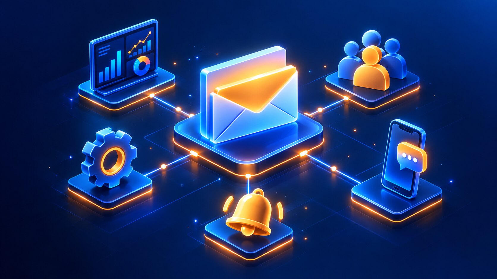Ícone de envelope de email conectado a um painel, contatos, automação e notificações, representando o ecossistema de uma plataforma de email marketing