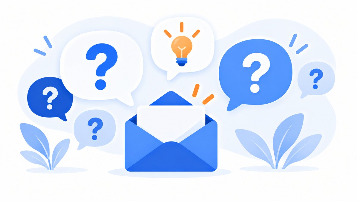 Burbujas de conversación con signos de interrogación y una bombilla junto a un email