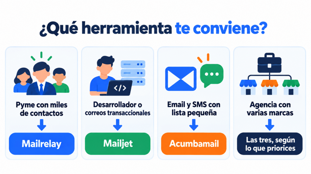 Which tool suits you: SME with thousands of contacts, Mailrelay; developer or transactional emails, Mailjet; email and SMS with a small list, Acumbamail; agency with several brands, all three depending on your priorities
