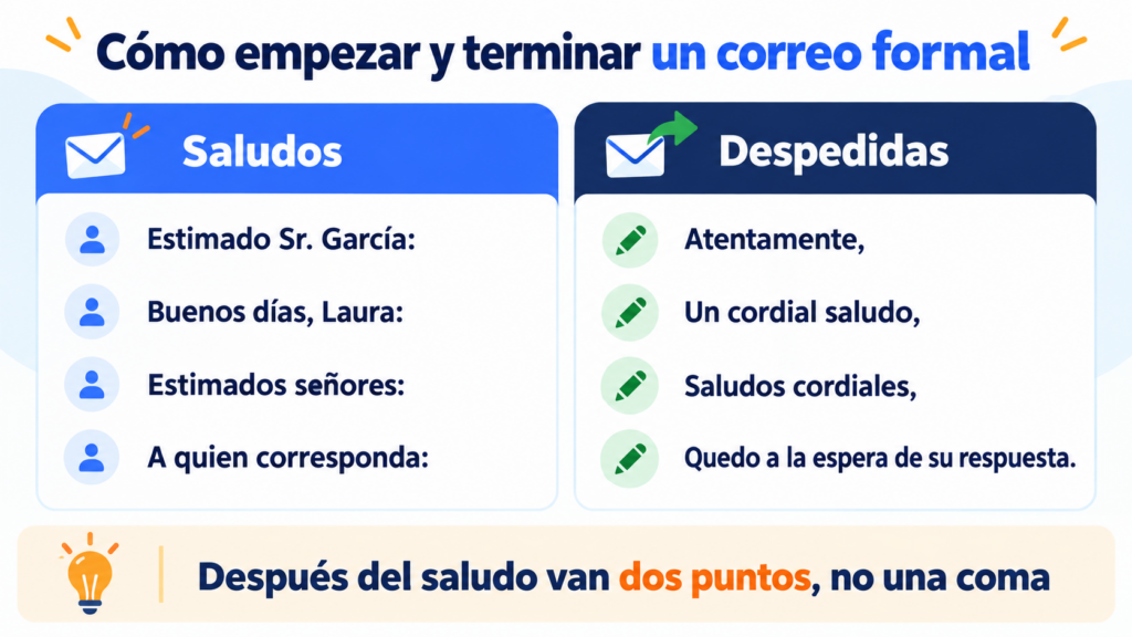 Como começar e terminar um email formal: saudações como Prezado Sr. García, Bom dia ou A quem possa interessar, sempre com vírgula, e despedidas como Atenciosamente, Cordialmente ou Cordiais saudações