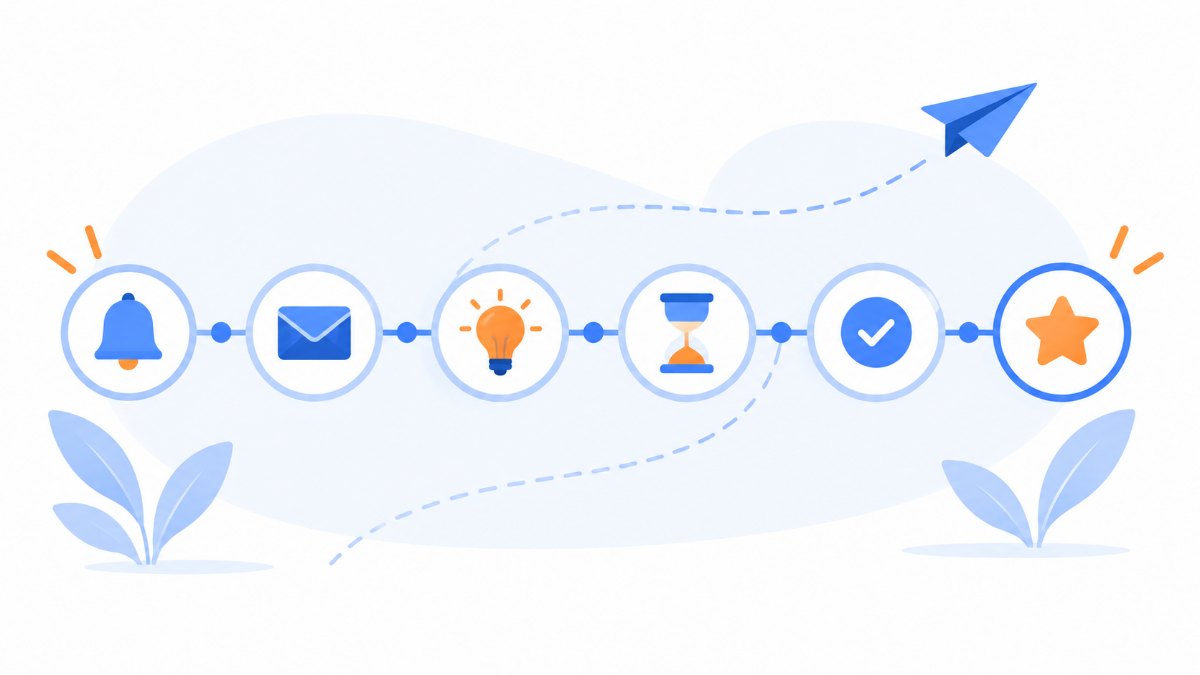 Línea de tiempo con seis hitos conectados que representan las fases de una secuencia de emails