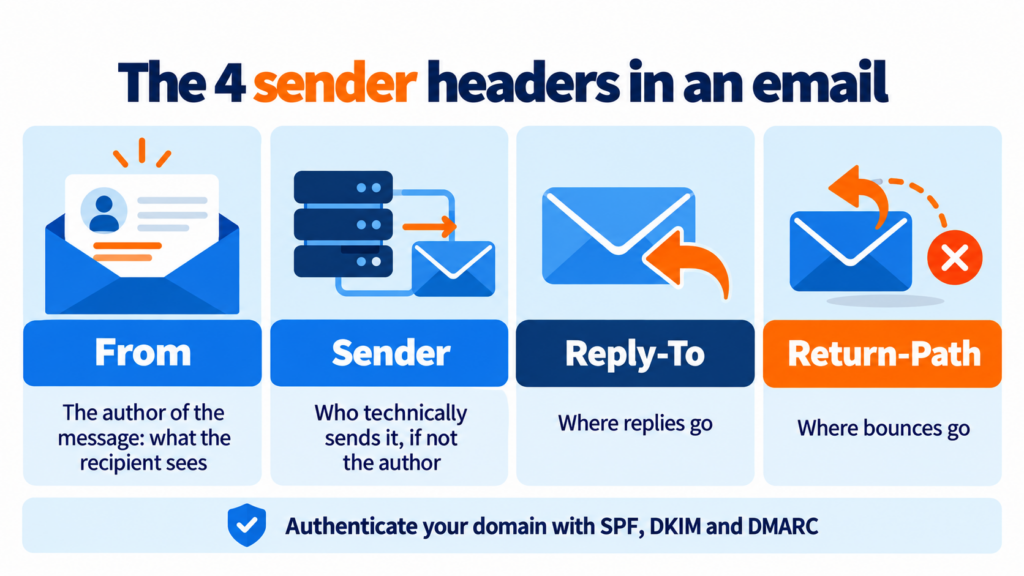 The 4 sender headers in an email: From, Sender, Reply-To and Return-Path