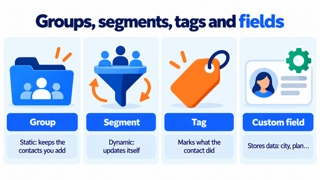 Differences between a group (static), a segment (dynamic), a tag and a custom field in email marketing