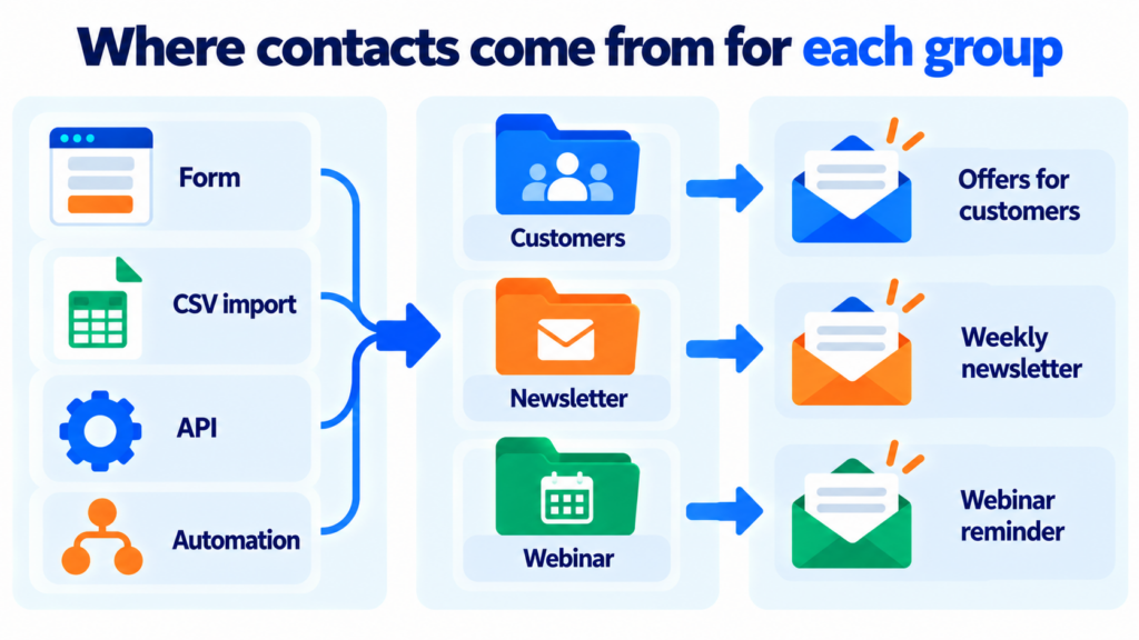 Where contacts come from for each subscriber group: form, CSV import, API and automation into the Customers, Newsletter and Webinar groups