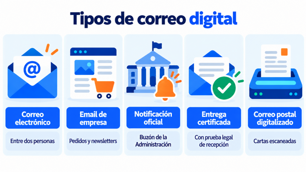 Tipos de correo digital: correo electrónico, email de empresa, notificación electrónica oficial, entrega certificada y correo postal digitalizado