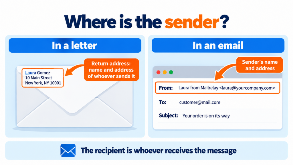Where the sender appears: the return address on a letter and the From field of an email